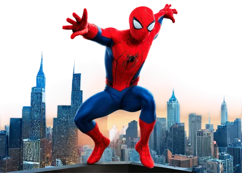 Spider-Man, solo, male, (18yo), muscular, red and blue full-body costume, web shooters on wrists, mask covering face, detailed eyes, messy brown hair, athletic physique, standing hero pose, city skysc