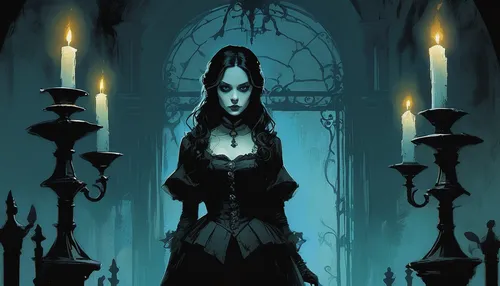 gothic woman,gothic dress,gothic,gothic portrait,dark gothic mood,gothic style,gothic fashion,vampire lady,vampire woman,goth woman,sorceress,priestess,blue enchantress,widow,witch house,black candle,lady of the night,dark elf,goth,gothic architecture,Illustration,Paper based,Paper Based 05