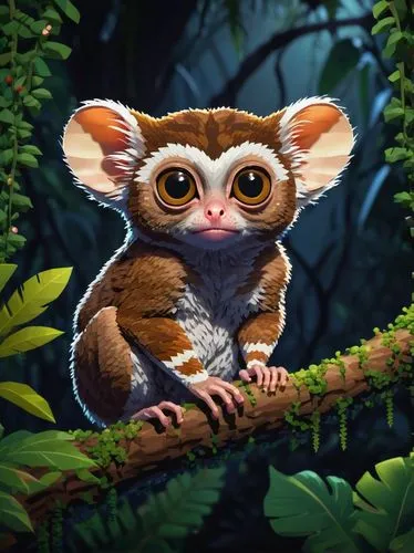 Madagascar tarsier, nocturnal primate, small body, big round eyes, fluffy fur, white stripes on forehead, pointed ears, thin tail, standing on hind legs, grasping a branch, rainforest, dense foliage, 