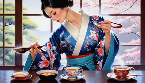 tea ceremony,tea zen,japanese tea,geisha girl,geisha,woman drinking coffee,japanese woman,japanese art,pouring tea,junshan yinzhen,tea drinking,kaiseki,ikebana,oriental painting,tea service,kimono fabric,japanese culture,floral japanese,flower tea,blooming tea,Conceptual Art,Fantasy,Fantasy 20