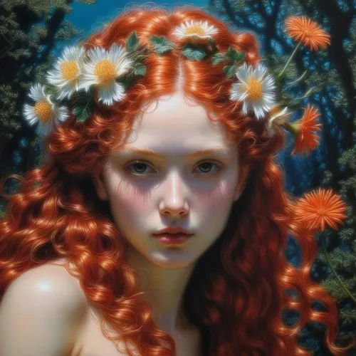 painting of a woman with long hair and a flower in her hair, peter gric and dan mumford, annasophia robb as aphrodite, complex redhead braided hair, riyoko ikeda, poseidon, by Mati Klarwein, medium lo