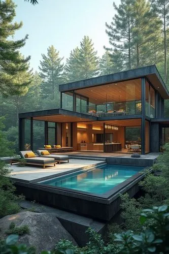 modern house,forest house,modern architecture,pool house,mid century house,house in the forest,Photography,General,Realistic