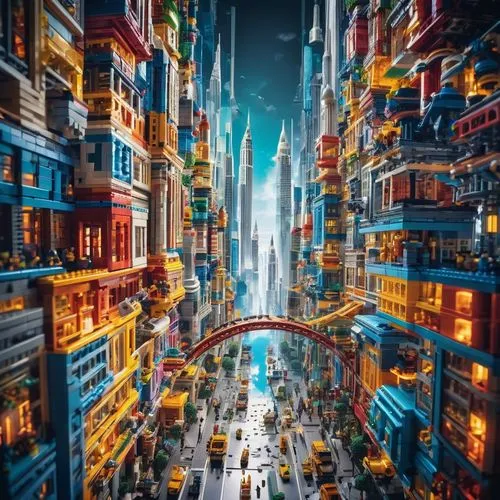 Futuristic Lego cityscape, skyscrapers, intricate details, vibrant colors, metallic reflections, neon lights, bustling streets, crowds of minifigures, city hall, clock tower, modern buildings, sleek c