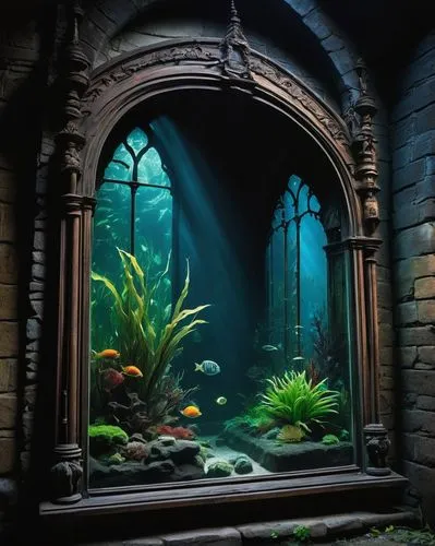 Gothic, mysterious, eerie, dark, ornate, Victorian-style aquarium, tall, narrow, intricately carved wooden frame, stained glass, colorful fish swimming, water plants, seaweed, dimly lit, soft blue-gre