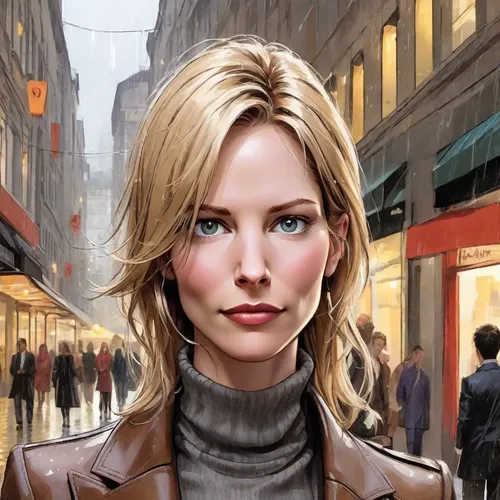 sci fiction illustration,city ​​portrait,blonde woman,katniss,sarah walker,world digital painting,blond girl,woman shopping,blonde girl,femme fatale,a pedestrian,pedestrian,shopping icon,spy,female doctor,manhattan,blue jasmine,the girl at the station,agent,portrait background,Digital Art,Comic