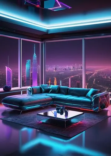 Modern luxurious living room, futuristic digital decorations, neon LED lights, minimalist furniture, sleek low-poly 3D models, chrome accents, glass coffee table, abstract art pieces, floor-to-ceiling