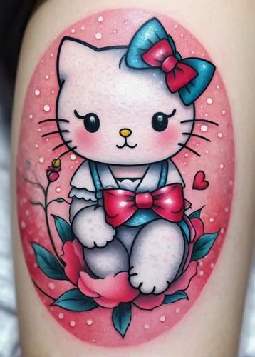 Cute Hello Kitty tattoos, colorful, cartoonish, feminine, Japanese-style, tiny nose, whiskers, bow on head, pink ribbon, white and red polka dots, sparkles, shimmering effects, glossy finish, skin ton