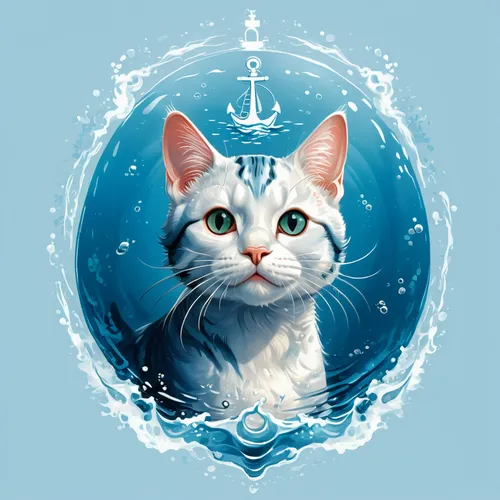 cat-ketch,cat on a blue background,aegean cat,cat vector,nautical star,catamaran,sailor,nautical banner,cat portrait,pet portrait,nautical children,sailboat,nautical clip art,delta sailor,friendship sloop,capricorn kitz,drawing cat,vector illustration,water police,god of the sea,Illustration,Realistic Fantasy,Realistic Fantasy 19