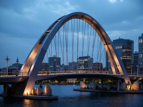 Futuristic bridge, sleek metallic arches, suspension cables, LED lighting strips, neon-lit accents, iridescent glass railings, cantilevered walkways, angular steel beams, minimalist piers, modernist c