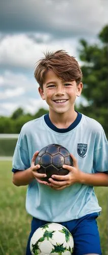 Shota boy, Robert Brownie Jr, 10yo, big smile, bright blue eyes, messy brown hair, freckles on nose, white shirt with rolled up sleeves, dark blue shorts, holding a soccer ball, standing in a green gr