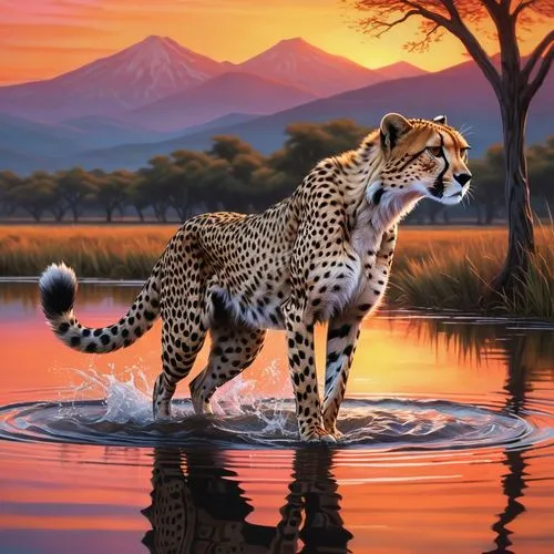 A cheetah, no bigger than a savannah, leaps gracefully through the still waters of a picturesque lake. Its round, playful body ripples as it's bundled up in a small ball, bouncing towards the tree tru