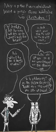 Write a humorous dialogue between two friends who accidentally draw funny doodles on the blackboard during a lecture.,chalkboard,chalk board,chalk blackboard,chalkboard background,blackboard,blackboar