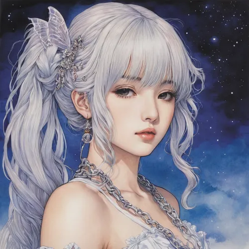 white rose snow queen,the snow queen,ice queen,constellation unicorn,zodiac sign libra,fantasy portrait,luna,moonflower,ice princess,suit of the snow maiden,winterblueher,horoscope libra,amano,silvery blue,blue moon rose,sky rose,starry sky,virgo,pale,fairy queen,Illustration,Japanese style,Japanese Style 18