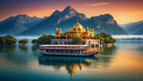 golden temple,the golden pavilion,golden pavilion,waheguru,golden lotus flowers,indien,sahib,sikhism,boat landscape,southeast asia,water palace,floating over lake,floating on the river,gurmukh,halong,houseboats,pokhari,taxi boat,shambhala,asian architecture,Illustration,Black and White,Black and White 14