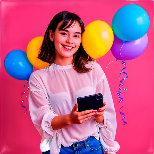 Hand holding smartphone, grateful expression, smiling face, soft natural light, blurred background, free images concept, colorful balloons, confetti decorations, 3/4 composition, shallow depth of fiel