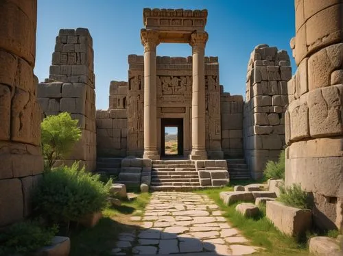 Ancient Hittite city, majestic temple complex, intricately carved stone walls, ornate reliefs depicting mythological scenes, grandiose entrance gates, imposing stone lions guarding the entrance, colum