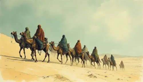 camel caravan,tuaregs,bedouins,tuareg,camel train,dromedaries,Illustration,Realistic Fantasy,Realistic Fantasy 29