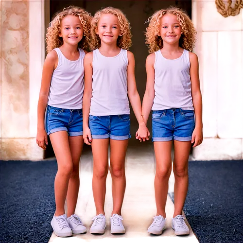 Two girls, identical twins, smiling, (10yo), bright blue eyes, curly blonde hair, freckles on nose, white tank tops, denim shorts, sneakers, standing back to back, holding hands, casual pose, soft nat