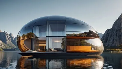 houseboat,floating huts,futuristic architecture,luxury property,scandinavica,mirror house,Photography,General,Realistic