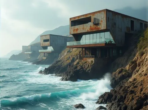 dunes house,cube stilt houses,floating huts,beach house,zumthor,snohetta,beachhouse,oceanfront,stilt house,house of the sea,stilt houses,cubic house,house by the water,coastal protection,boardinghouses,cliffside,cantilevers,clifftop,dreamhouse,bermeo,Photography,General,Realistic