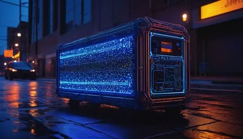 cybertruck,cyberpunk,blue light,jukebox,light trails,pixel cube,light trail,illuminated advertising,cinema 4d,electric blue,radio,arduino,long exposure light,futuristic,retro vehicle,boombox,1250w,sound carrier,square bokeh,blue lamp,Illustration,Paper based,Paper Based 23