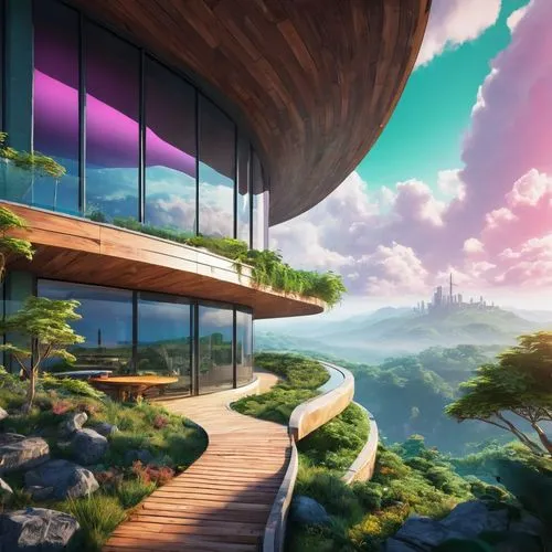 futuristic landscape,roof landscape,skylands,dreamhouse,ecotopia,biomes,skybridge,cliffside,skyloft,fantasy landscape,background design,skyboxes,floating island,teahouse,virtual landscape,cloudland,skyreach,futuristic architecture,sky space concept,sky apartment,Conceptual Art,Daily,Daily 21