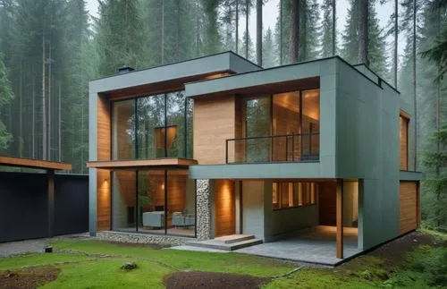 modernist architecture house in the forest, trees on background, wooden facade,two houses in the woods with wooden and glass,forest house,house in the forest,cubic house,timber house,modern house,wood