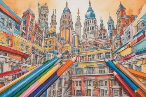 colorful city,colourful pencils,watercolor paris,grand place,leuven,bruxelles,polychromy,color pencils,antwerp,matthias church,spires,antwerpen,louvain,colour pencils,brussels,spanish steps,citadels,brussels belgium,bruselas,gaudi,Conceptual Art,Daily,Daily 17