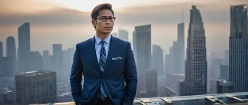 Modern skyscraper, urban cityscape, businessman, suit, tie, glasses, briefcase, confident posture, standing on rooftop, overlooking city, foggy morning, warm lighting, shallow depth of field, cinemati