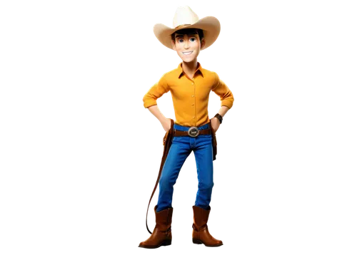 Cartoon style, Texas theme, cowboy hat, blue jeans, belt buckle, boots, lasso rope, solo, 3/4 composition, vibrant colors, exaggerated facial expression, dynamic pose, comedic scene, warm lighting, sh