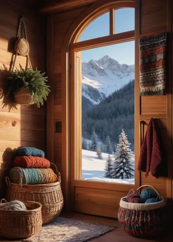 winter window,warm and cozy,the cabin in the mountains,alpine style,coziness,winter house,chalet,front porch,cabin,cabane,coziest,winter light,wood window,snow shelter,cozier,wooden windows,christmas travel trailer,snowed in,winter morning,mountain hut,Illustration,Retro,Retro 14