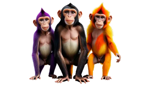 Funny monkey group, 5-7 monkeys, different facial expressions, colorful fur, various poses, some sitting, some standing, some holding hands, tropical leaf background, bright colors, shallow depth of f