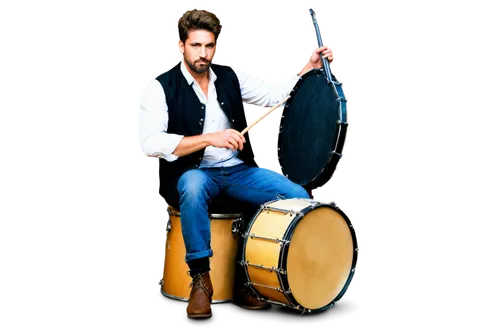 Male drummer, traditional clothing, mature adult, serious expression, short beard, messy hair, silver earring, white shirt, black vest, blue jeans, brown boots, wooden drumsticks, sitting pose, hands 