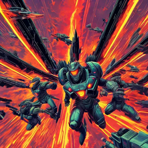 an animated illustration of several robots in a space battle,eva unit-08,gunbuster,medabot,evangelion evolution unit-02y,medabots,evangelion mech unit 02