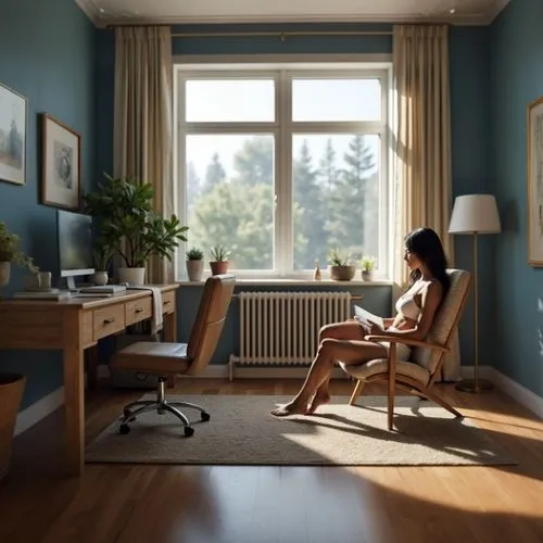 the young woman sits on her computer in a bright room,girl at the computer,girl sitting,girl studying,woman sitting,modern room,wooden desk