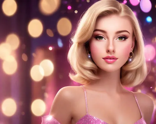 barbie doll,doll's facial features,realdoll,barbie,pink beauty,pink background,pink lady,glamour girl,pink glitter,fashion doll,3d rendered,fashion dolls,dazzling,glittering,neo-burlesque,sparkle,rhinestones,visual effect lighting,marylyn monroe - female,blonde woman,Photography,Commercial