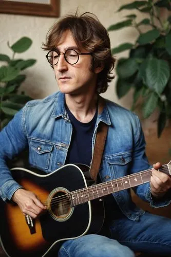 Man, 40s, John Lennon hairstyle, messy short hair, thin framed glasses, gentle facial expression, casual wear, denim jacket, white shirt, blue jeans, sneakers, sitting, playing guitar, peaceful backgr