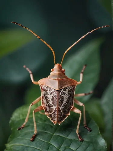 insects, stink bugs, grounded, close-up, detailed texture, natural colors, six legs, antennae, shield-shaped body, matte exoskeleton, on leaves, garden environment, outdoor, daytime, soft natural ligh