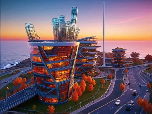 nice modern building in a sunset background close to the sea ,futuristic architecture,batumi,vladivostok,sochi,yantai,largest hotel in dubai,the energy tower,dalian,modern architecture,escala,hotel ba