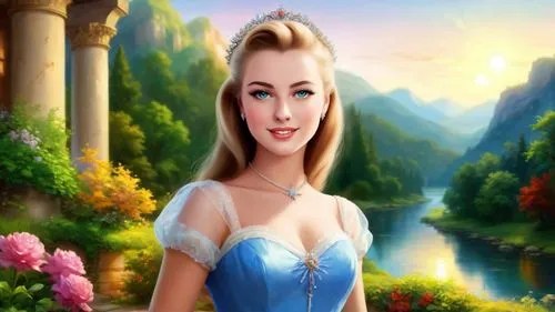 Romantic masterpiece oil painting, cute girl portrait, nostalgic 1950's style kitsch, breathtaking beautiful kingdom landscape, majestic fantasy scenery, evening lighting, highly detailed highres, abs