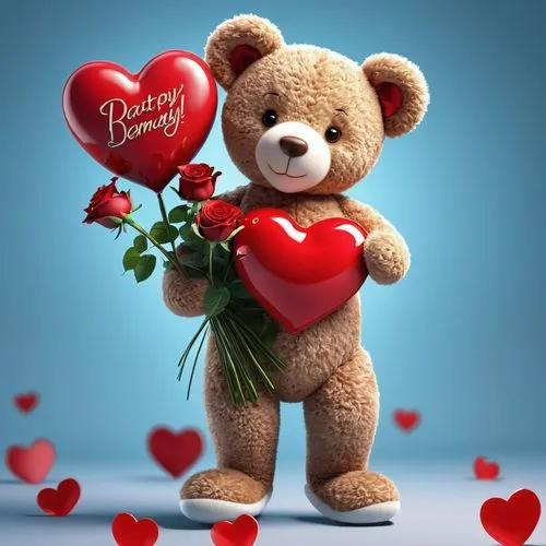 Image AI art A cartoon tender Teddy, carrying a bouquet of roses and a heart red and a sign "PATTY", cursive font, little hearts red 3d rendering, multiple details, cinematic, typography, realistic., 