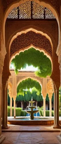 Alhambra palace, Moorish architecture, intricate Islamic geometric patterns, ornate stone carvings, grand arches, domed ceilings, delicate filigree, vibrant tile work, tranquil courtyard, serene fount