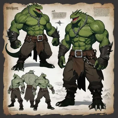 Muscular drogg, green scaly skin, sharp teeth, angry eyes, fierce expression, standing, powerful legs, clawed feet, torn pants, leather belt, metal buckle, rusty chain, medieval background, stone cast