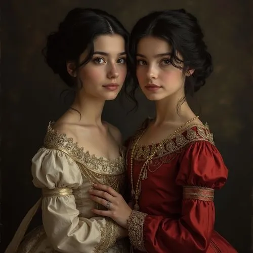 two girls,gothic portrait,noblewomen,romantic portrait,habanera,mother and daughter