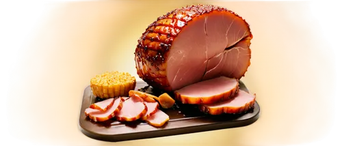 Ham, glazed ham, sliced, pork leg, roasted, brown sugar crust, juicy meat, savory aroma, golden lighting, shallow depth of field, 3/4 composition, warm color tone, appetizing atmosphere.,black forest 