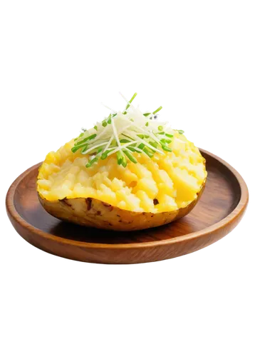 Golden baked potato, solo, crispy skin, fluffy white interior, sprinkles of salt, dollops of butter, chopped green onions, melted cheddar cheese, rustic wooden plate, shallow depth of field, warm ligh