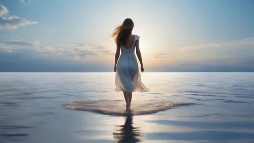 a girl walking on water to the horizon and farther to a place never seen but is a beauty.,walk on water,mediumship,amphitrite,eurythmy,sirene,rebaptised,rebaptized,ondine,the body of water,waterkeeper