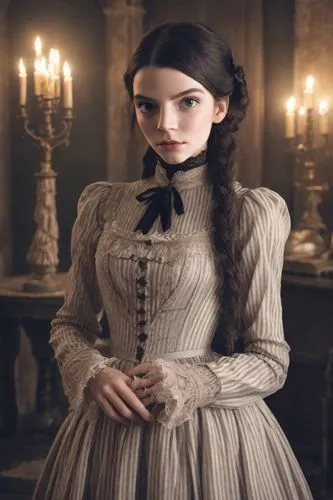 Victoria Everglot has a pale, translucent complexion, with a matte and opaque appearance that enhances her ghostly presence. She has dark brown hair that is tied up. Big, sad eyes. She has a haggard e