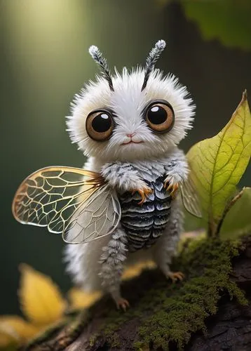 Chibi moth, tiny wings, delicate body, soft fur, antennae, big round eyes, shiny black compound eyes, translucent wings with veins, fluffy white hair-like scales, pale yellow body with brown spots, pe