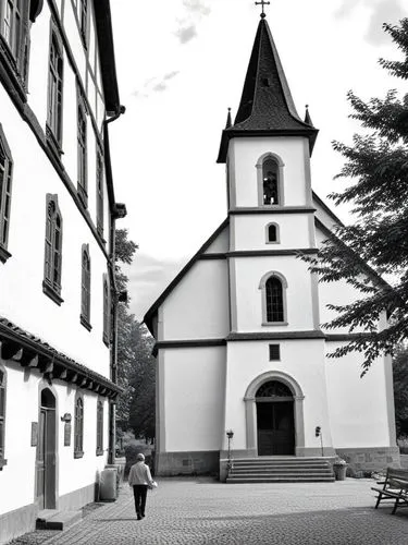 A group of German church members dressed in traditional German uniforms move forward, leaving the once spacious church building behind. The sun is just beginning to rise, casting a warm orange glow ov